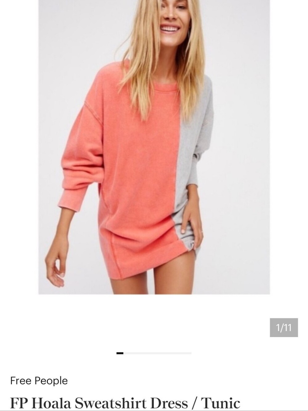 Free People Coral and Light Gray Colorblock Sweatshirt Tunic